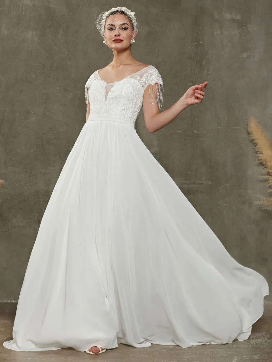 Chiffon Short Cap Sleeve Lace Tassels Flowing Wedding Dress For Brides