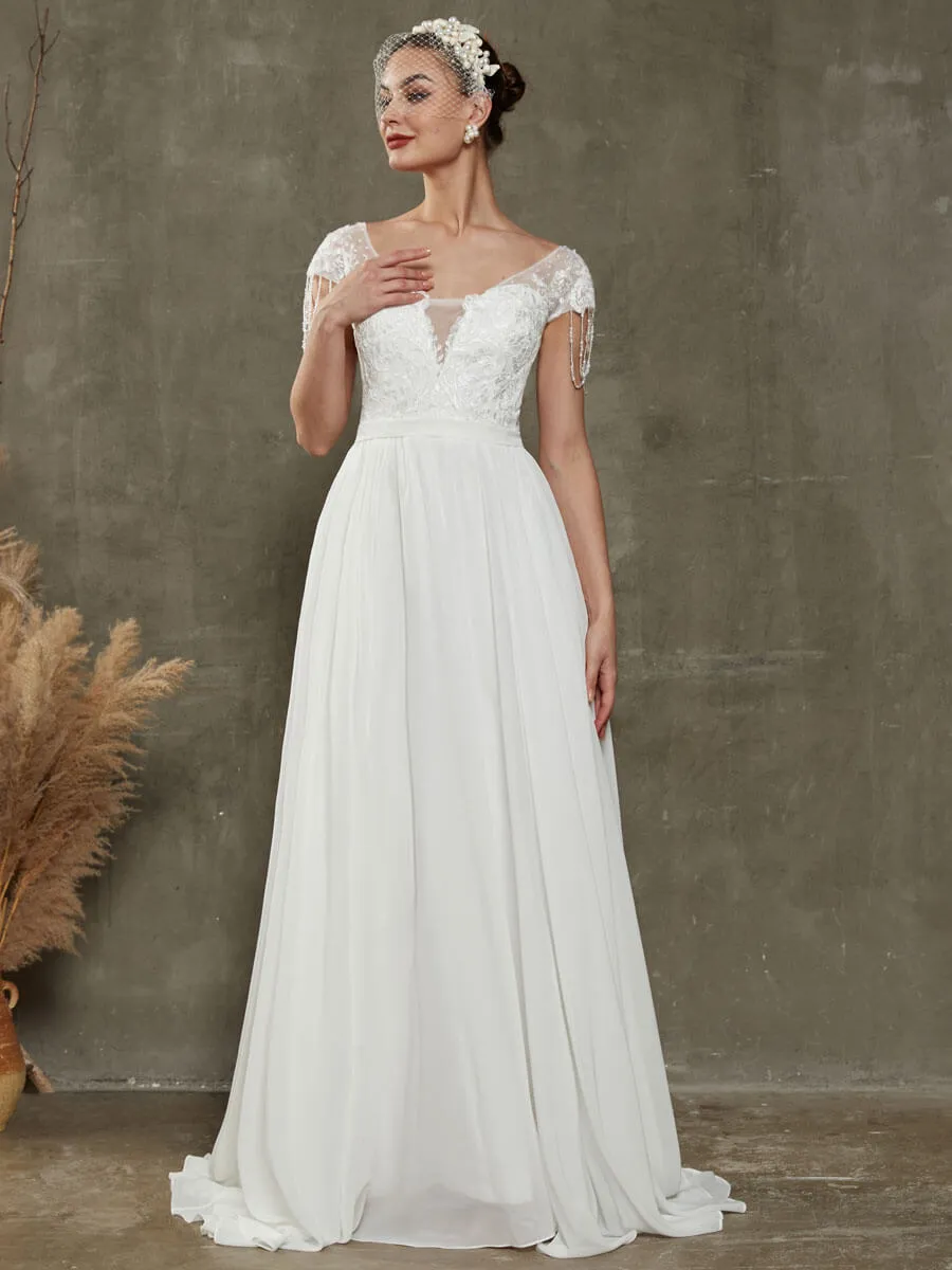 Chiffon Short Cap Sleeve Lace Tassels Flowing Wedding Dress For Brides