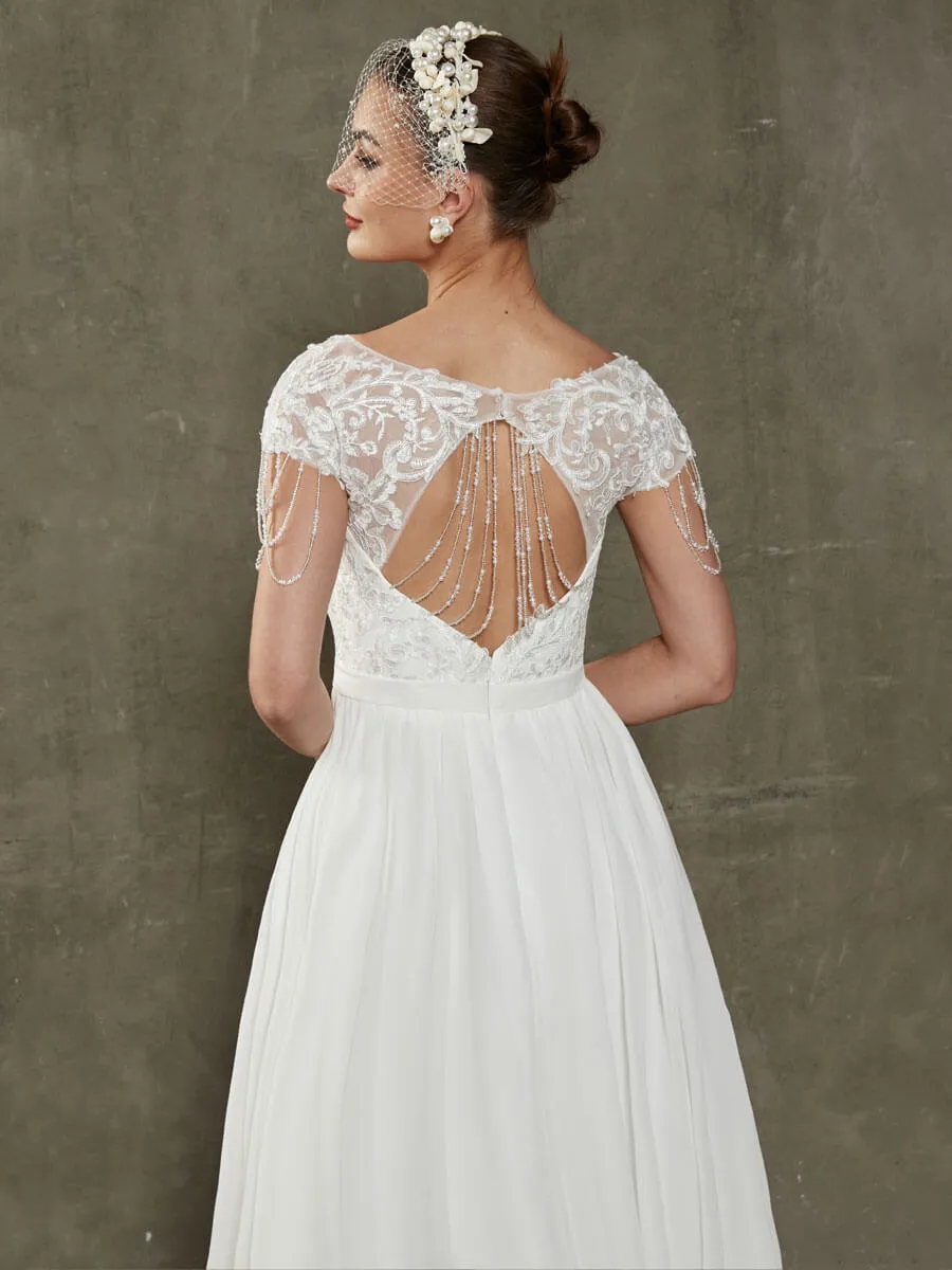 Chiffon Short Cap Sleeve Lace Tassels Flowing Wedding Dress For Brides