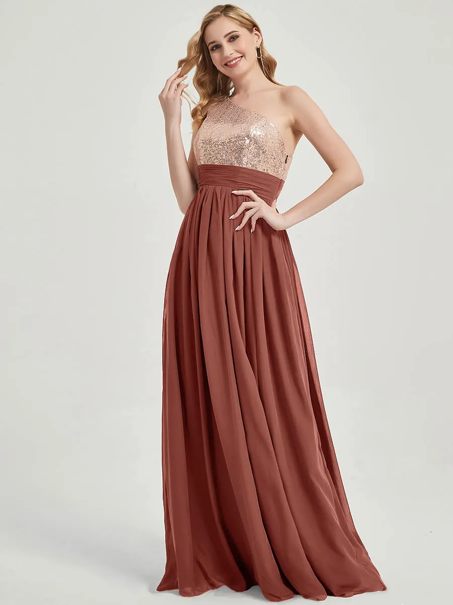 Cinnamon Rose One-Shoulder Sleeveless Chiffon Sequin Bridesmaid Dress