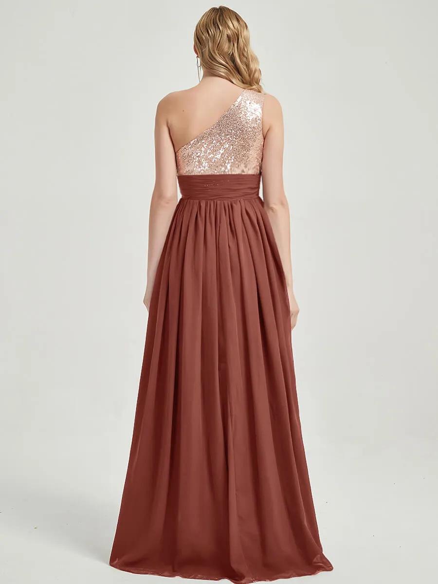 Cinnamon Rose One-Shoulder Sleeveless Chiffon Sequin Bridesmaid Dress