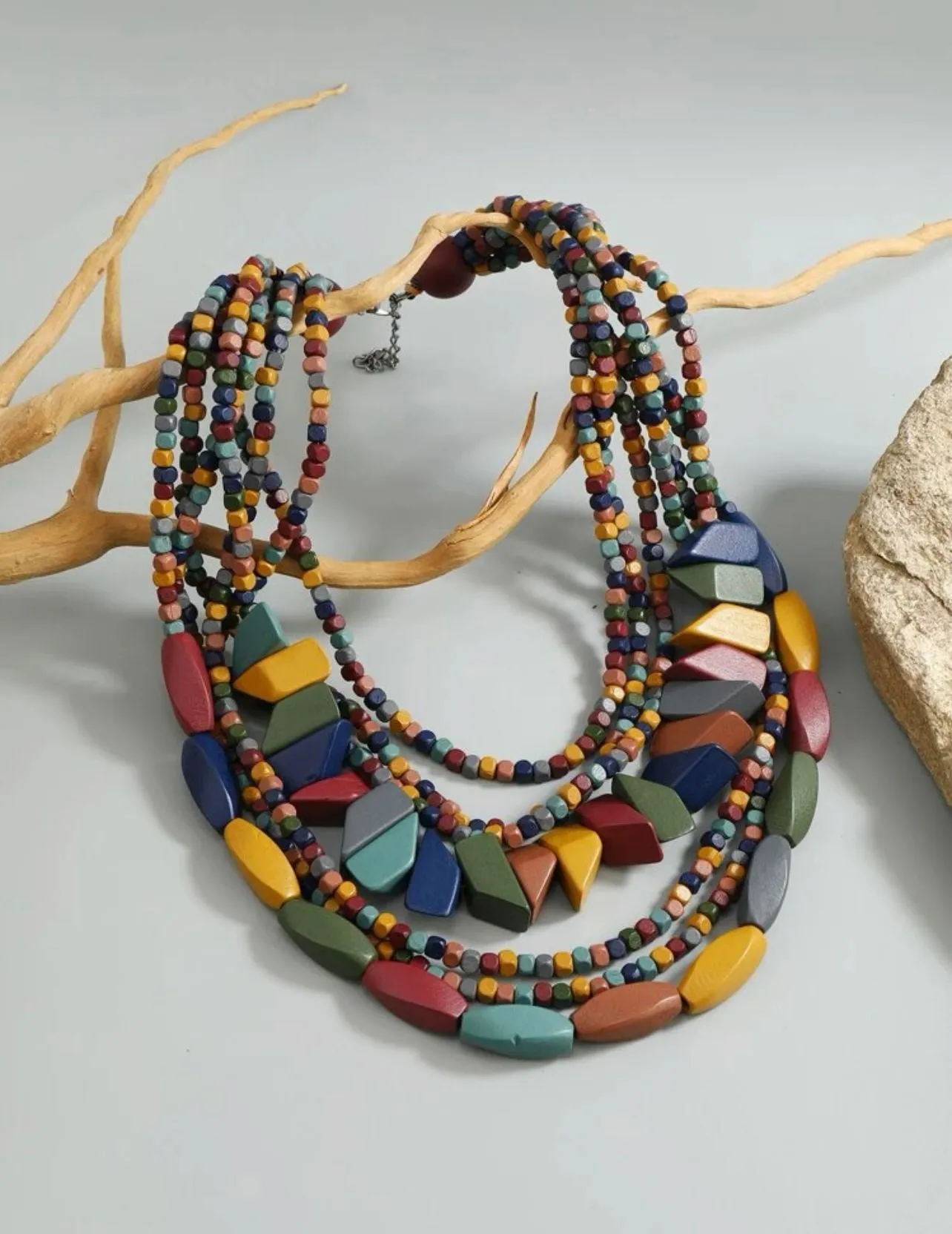 Color Block Wooden Beaded Necklace 2795 - اكسسوارات