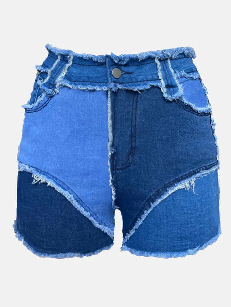 Colorblock Raw Hem Denim Shorts