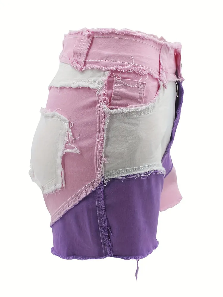 Colorblock Raw Hem Denim Shorts