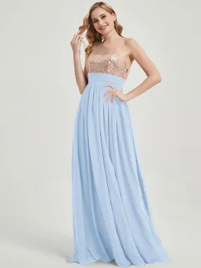 Cornflower Blue One-Shoulder Sleeveless Chiffon Sequin Bridesmaid Dress