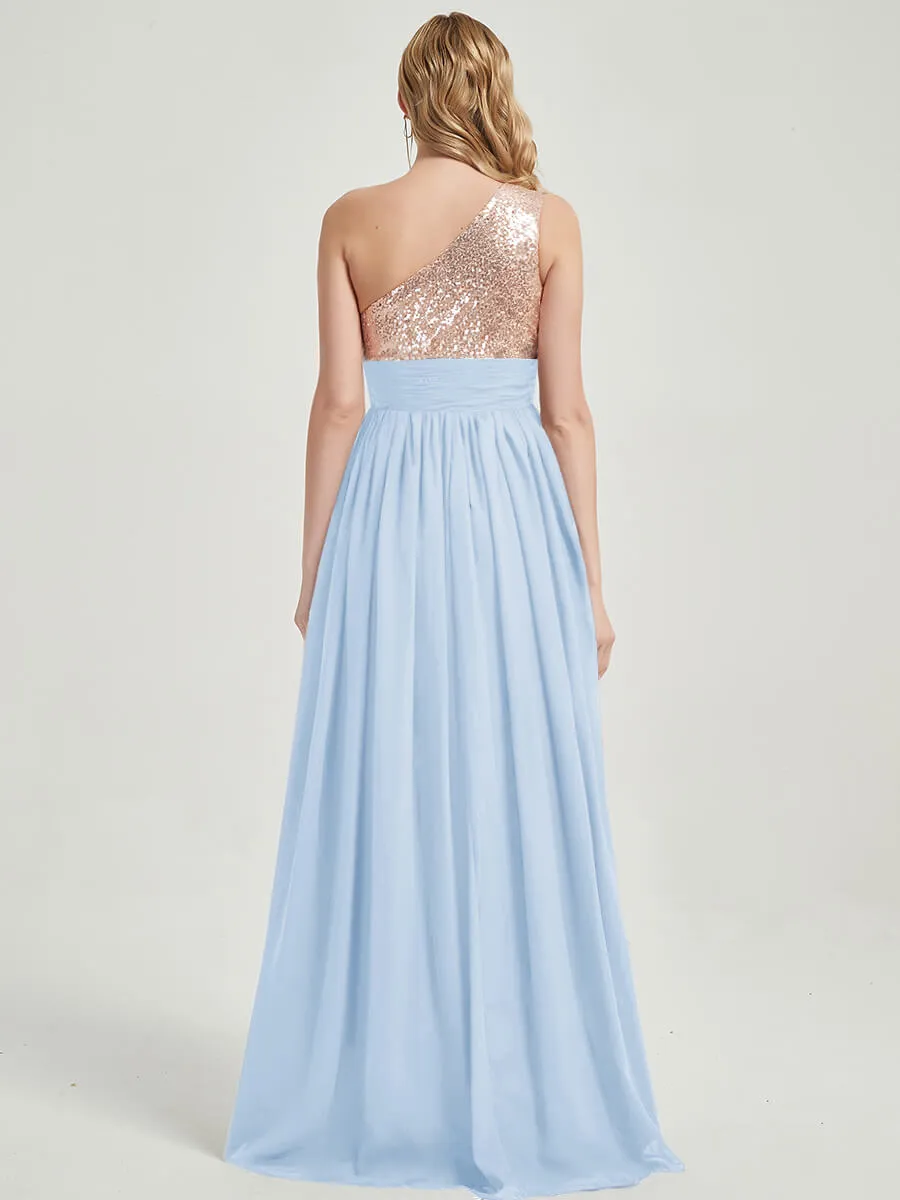 Cornflower Blue One-Shoulder Sleeveless Chiffon Sequin Bridesmaid Dress