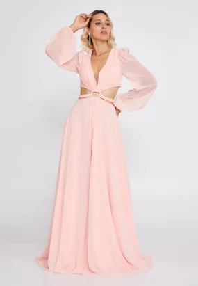 Cut-Out Long Sleeve Maxi Chiffon A-Line Wedding Guest Dress - Peach