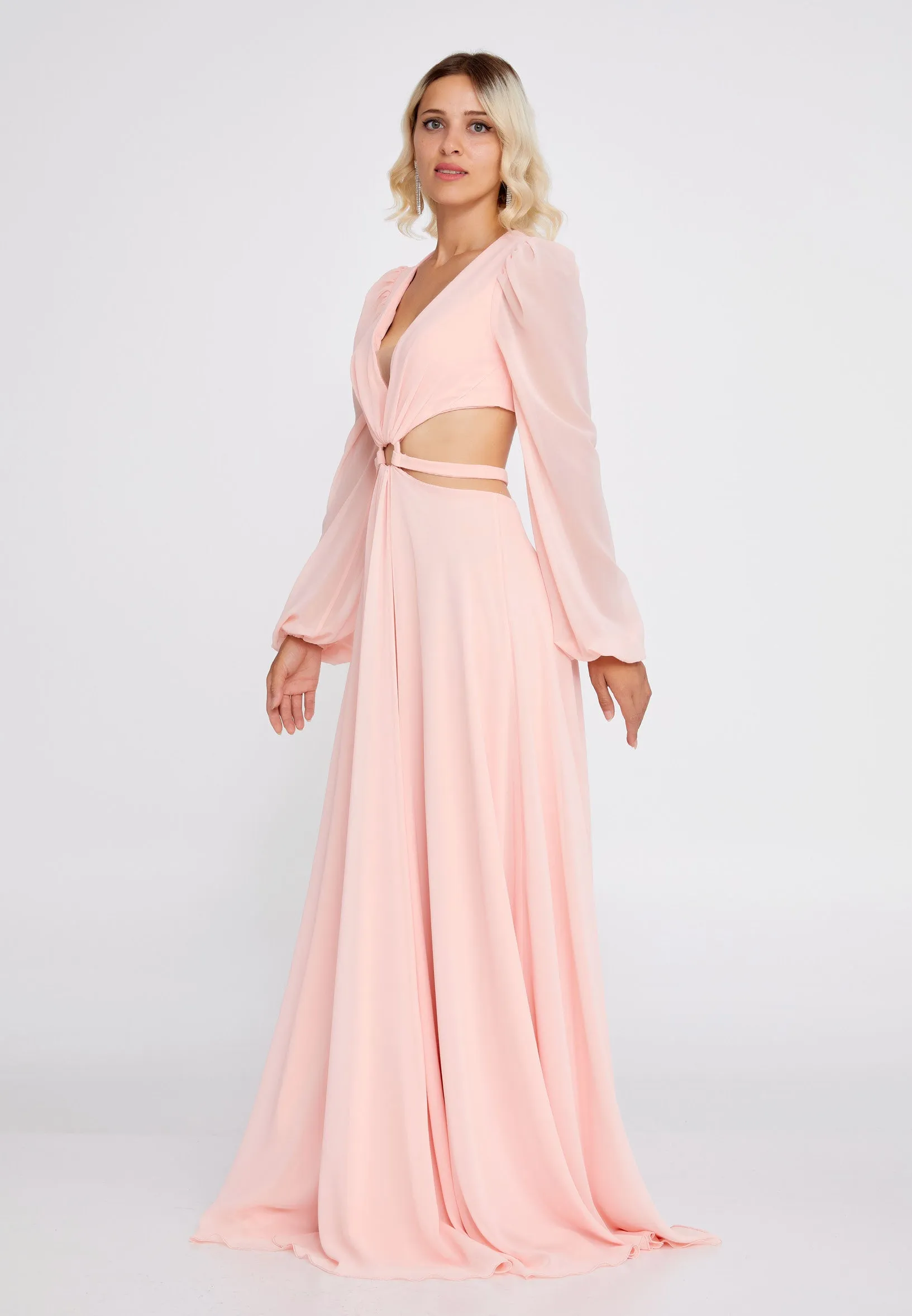 Cut-Out Long Sleeve Maxi Chiffon A-Line Wedding Guest Dress - Peach