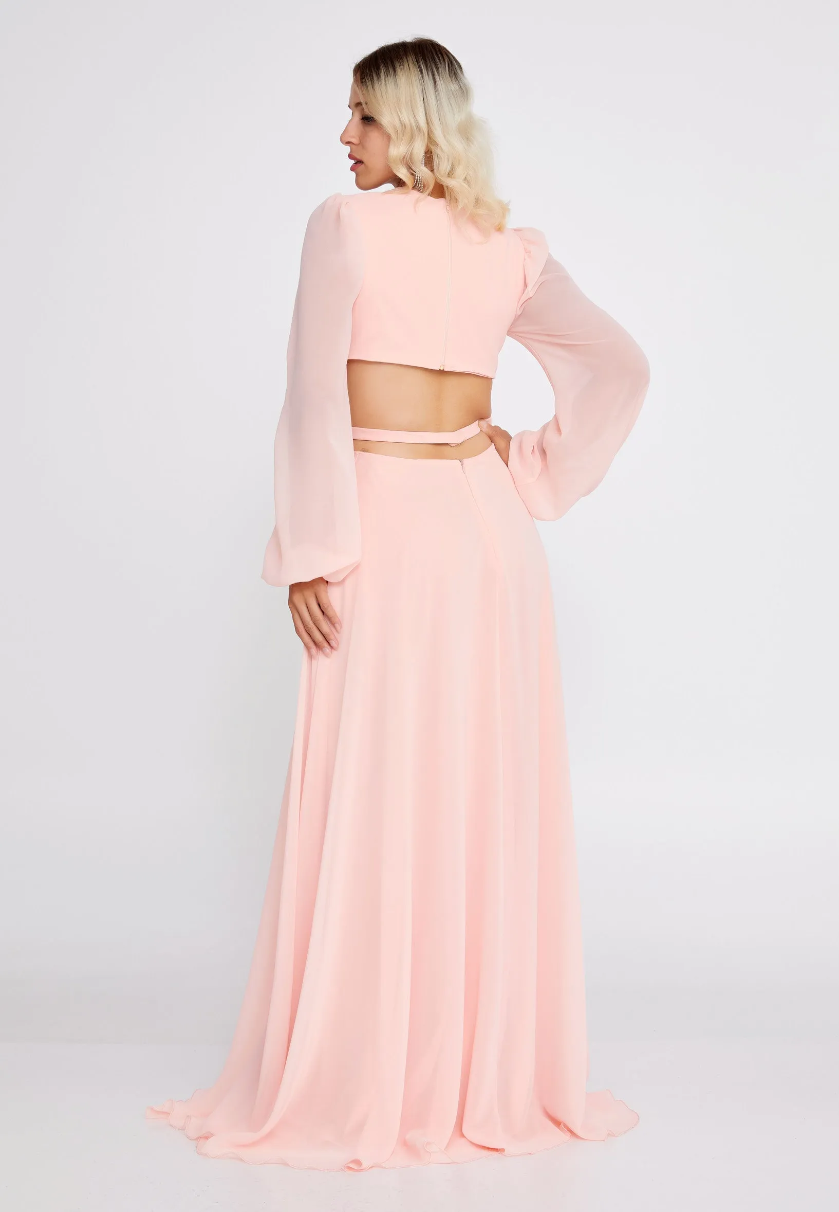 Cut-Out Long Sleeve Maxi Chiffon A-Line Wedding Guest Dress - Peach