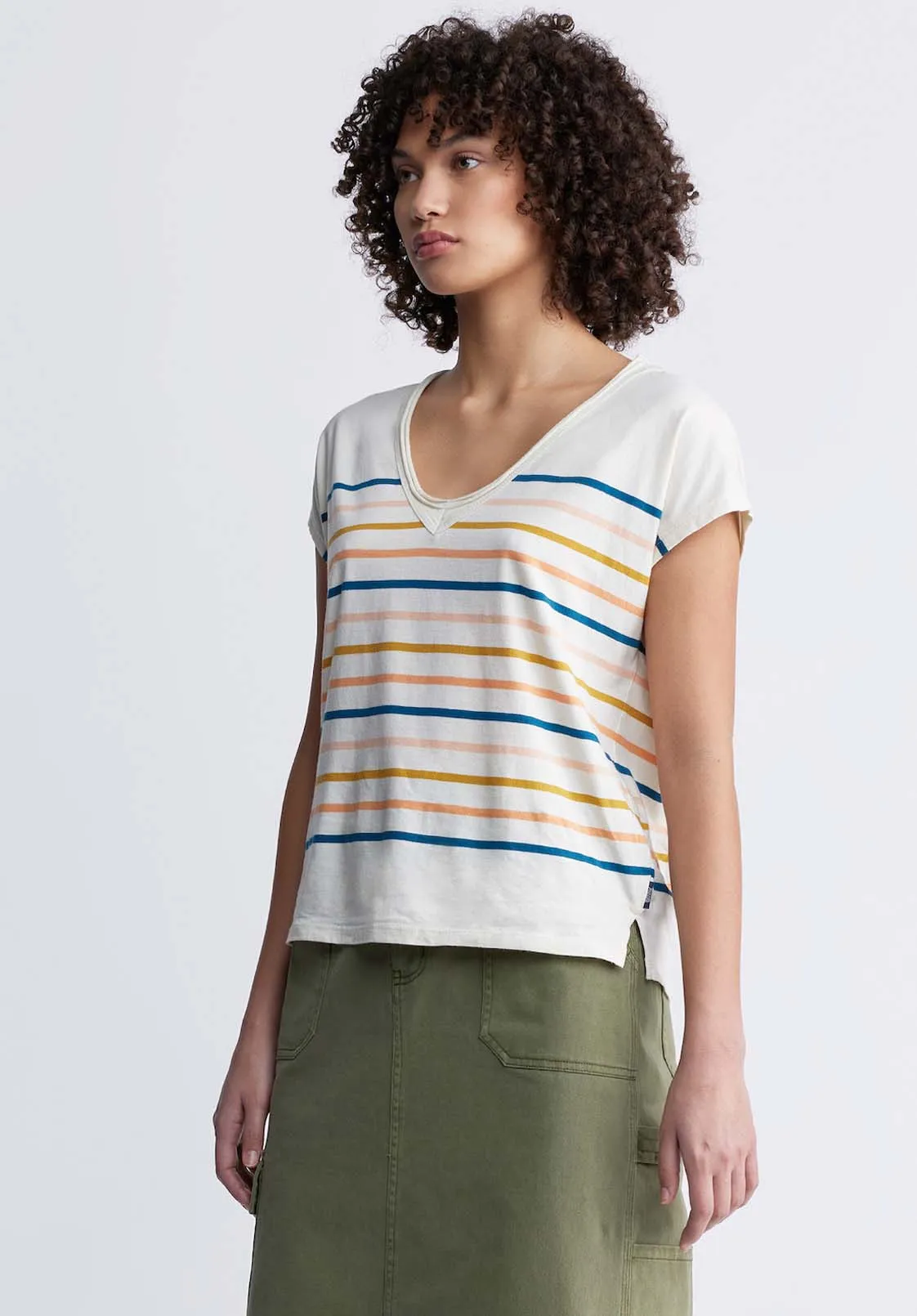 Danique Women’s V-Neck Striped T-Shirt In White - KT0122P