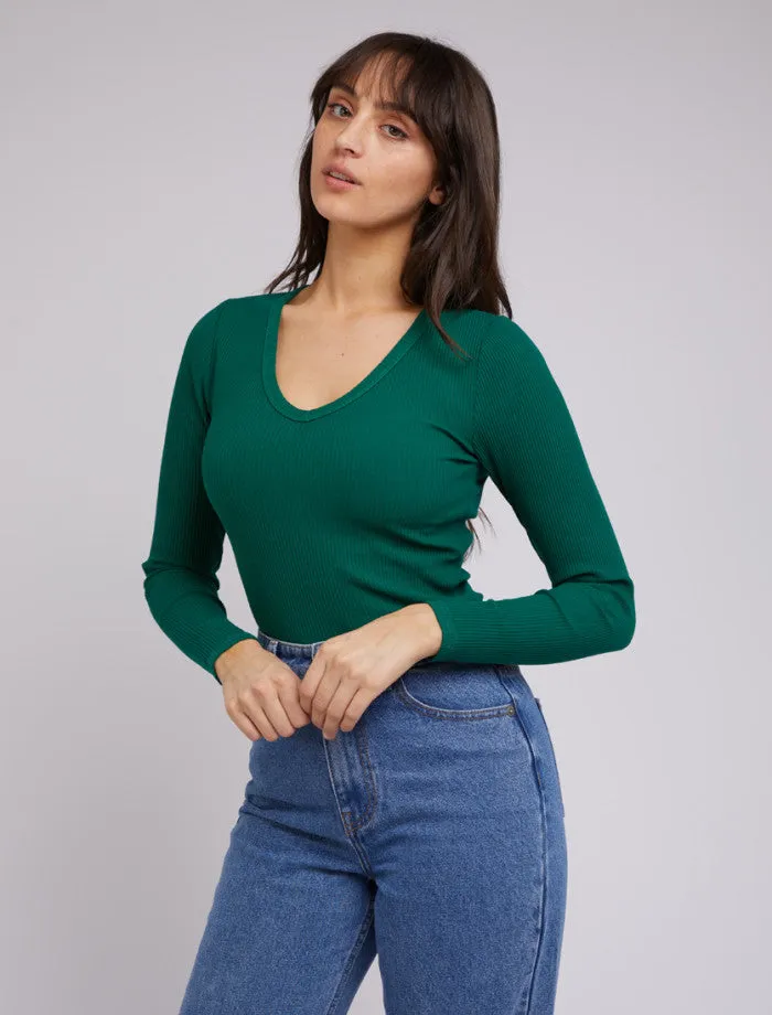 Eve Rib V Neck Long Sleeve Top (Emerald)