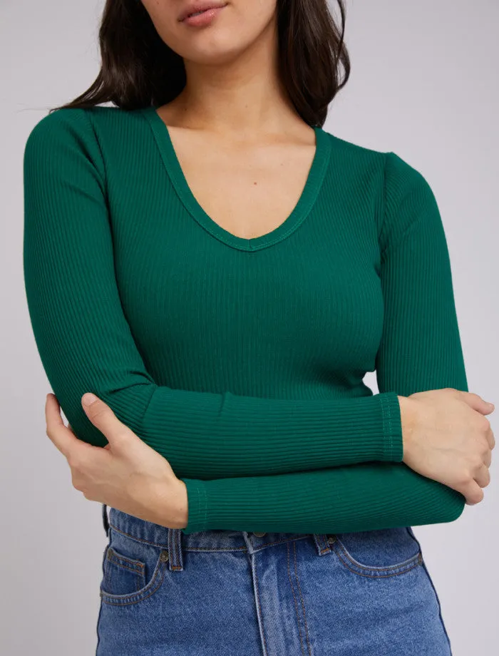 Eve Rib V Neck Long Sleeve Top (Emerald)