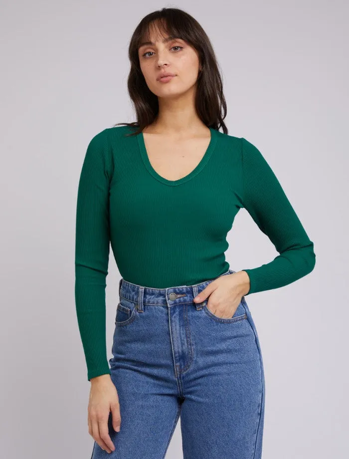 Eve Rib V Neck Long Sleeve Top (Emerald)