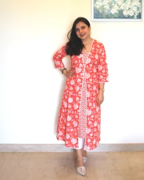 Floral Printed Aline Kurta In Red