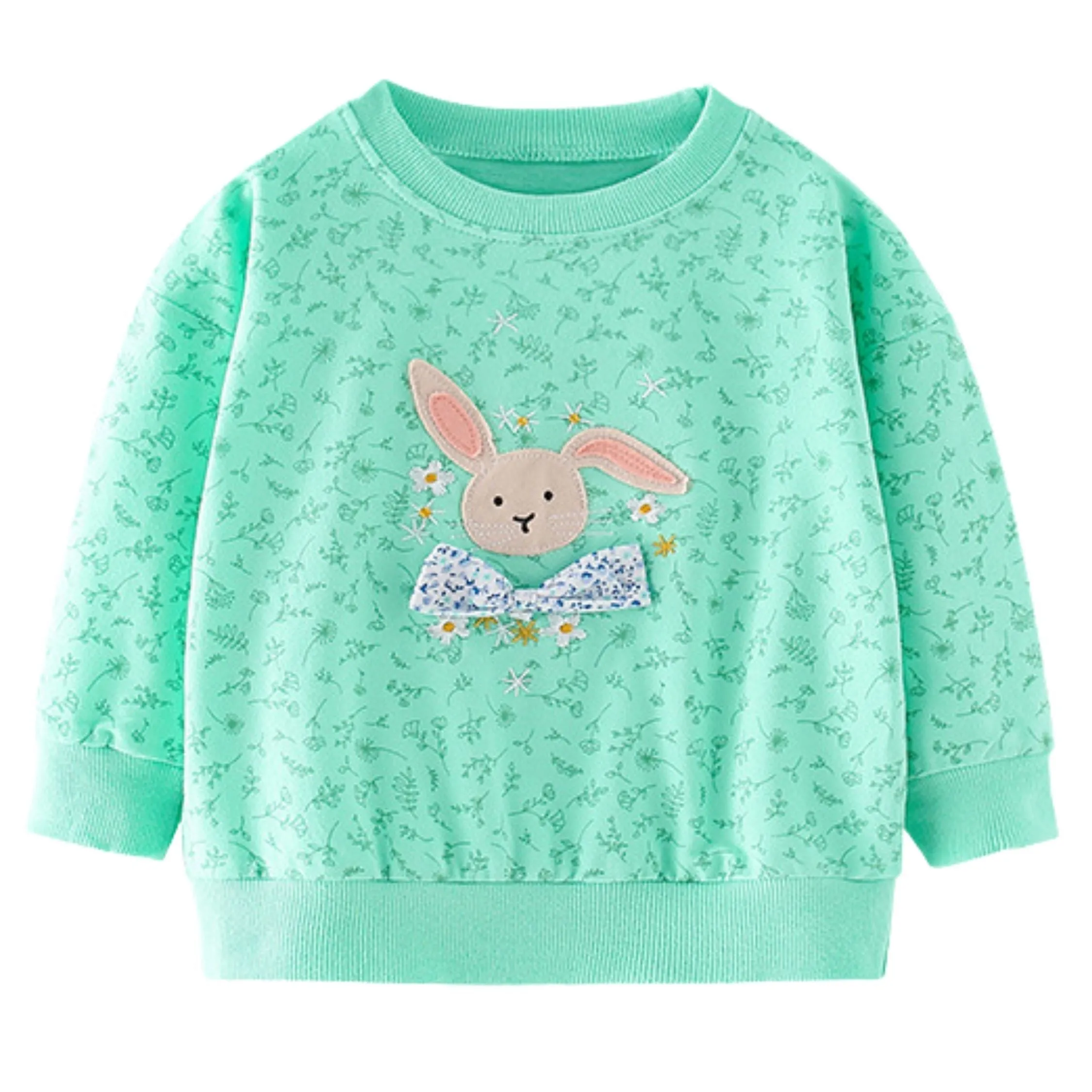 Full Sleeve Cute Bunny with Bow Theme Girls Sweatshirt, Green