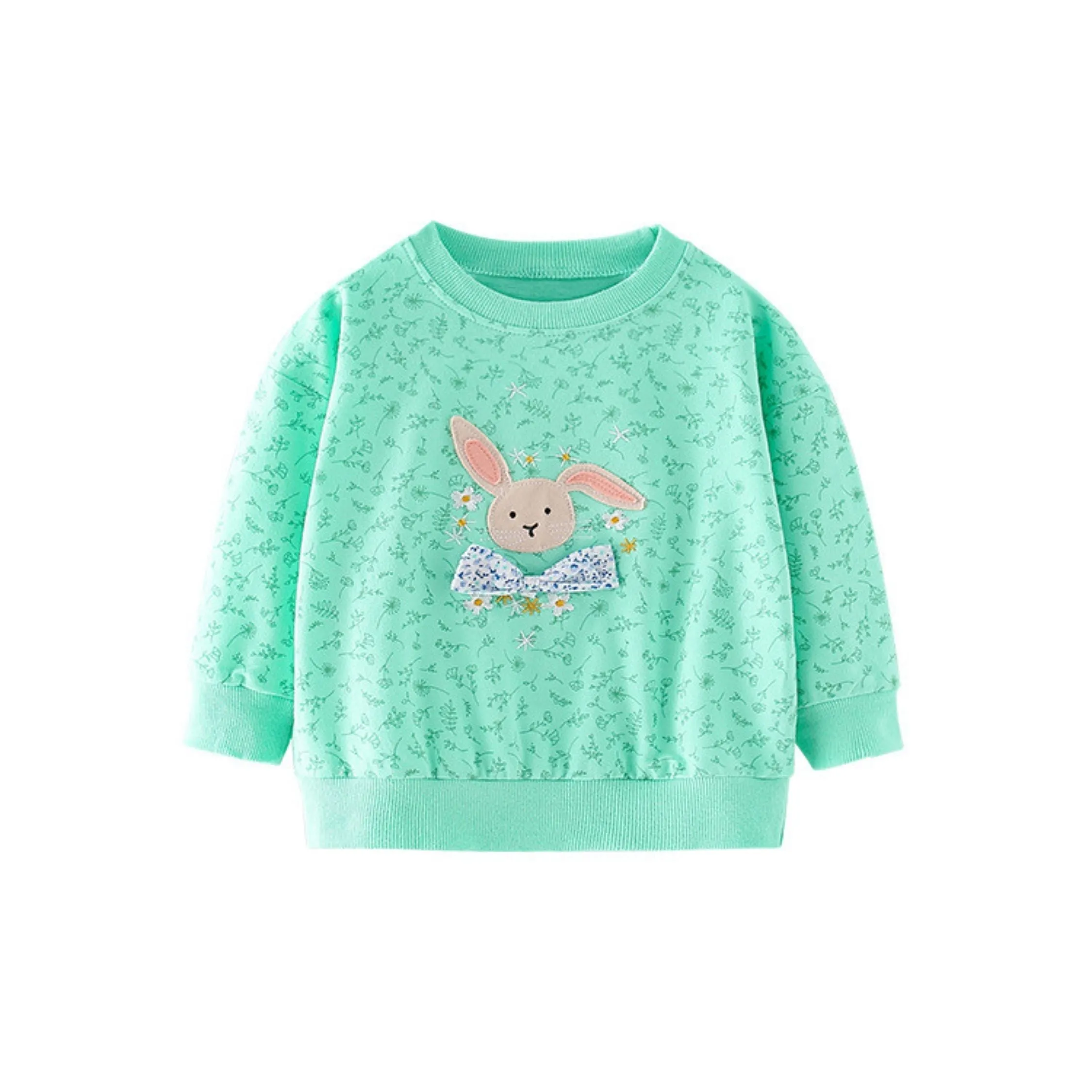 Full Sleeve Cute Bunny with Bow Theme Girls Sweatshirt, Green