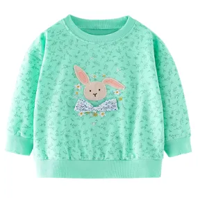 Full Sleeve Cute Bunny with Bow Theme Girls Sweatshirt, Green