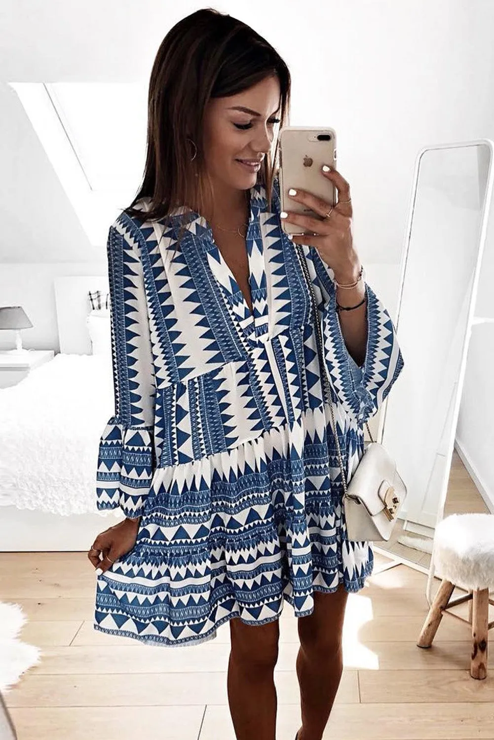 Geometric Print V neck Ruffle Babydoll Mini Dress