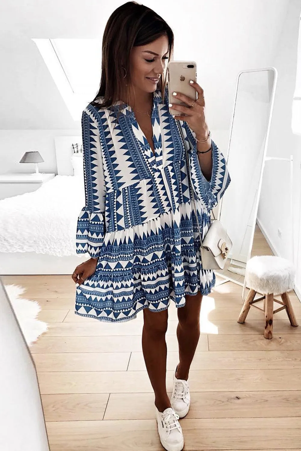 Geometric Print V neck Ruffle Babydoll Mini Dress