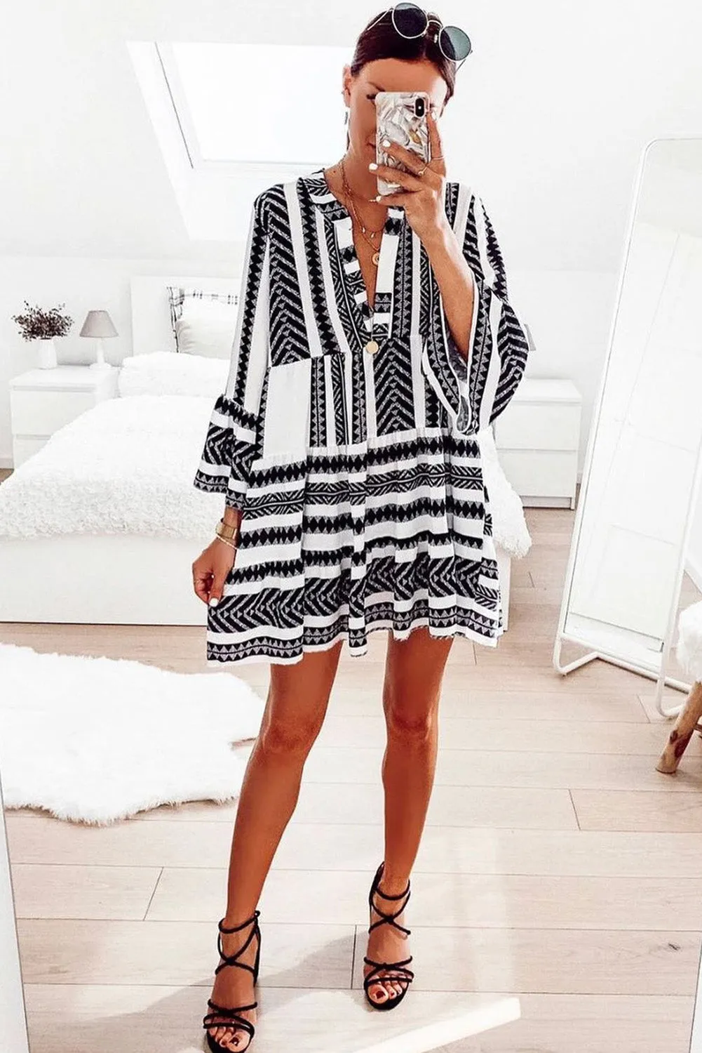 Geometric Print V neck Ruffle Babydoll Mini Dress