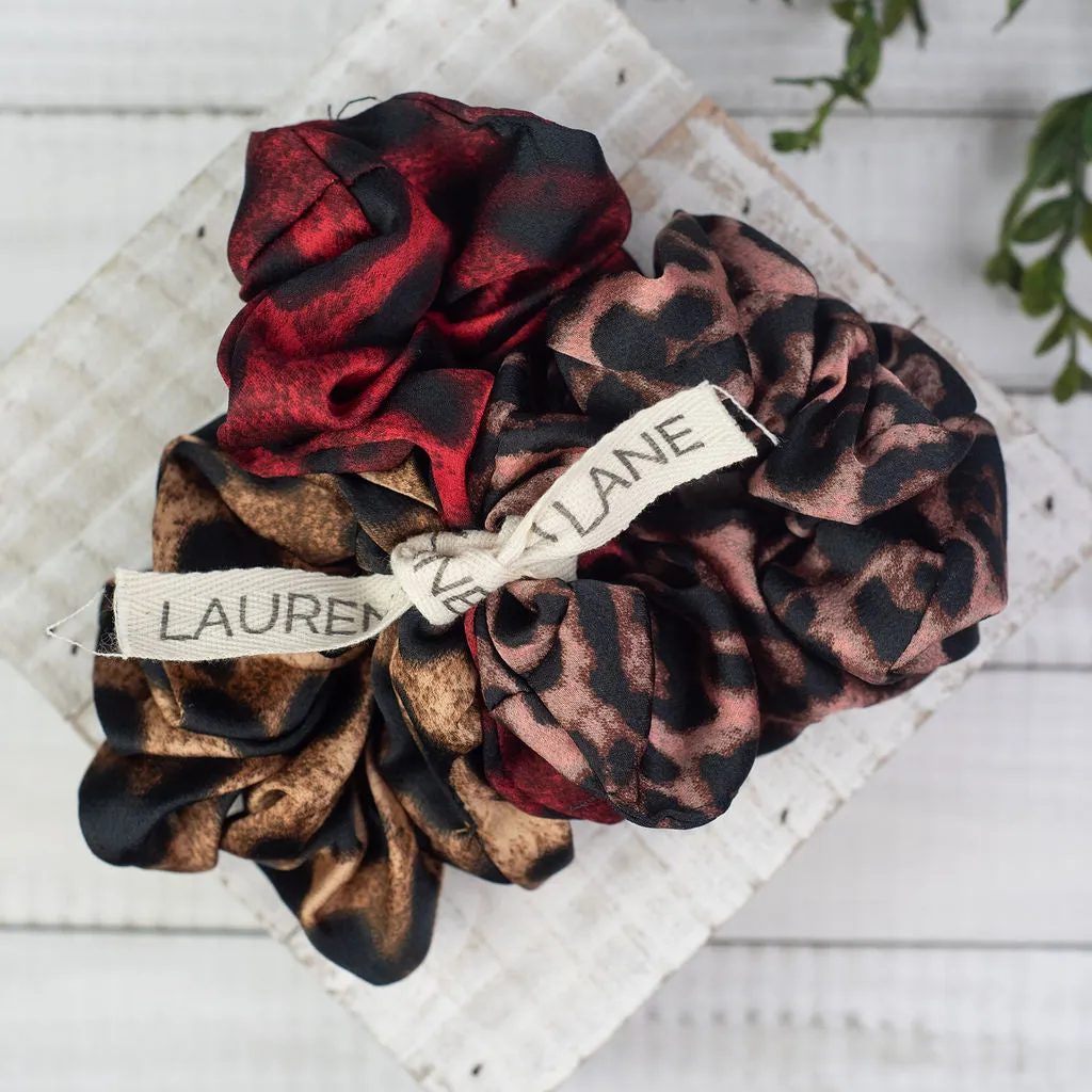 Hair Scrunch Set In Luxe Leopard (Red/Blush/Beige)