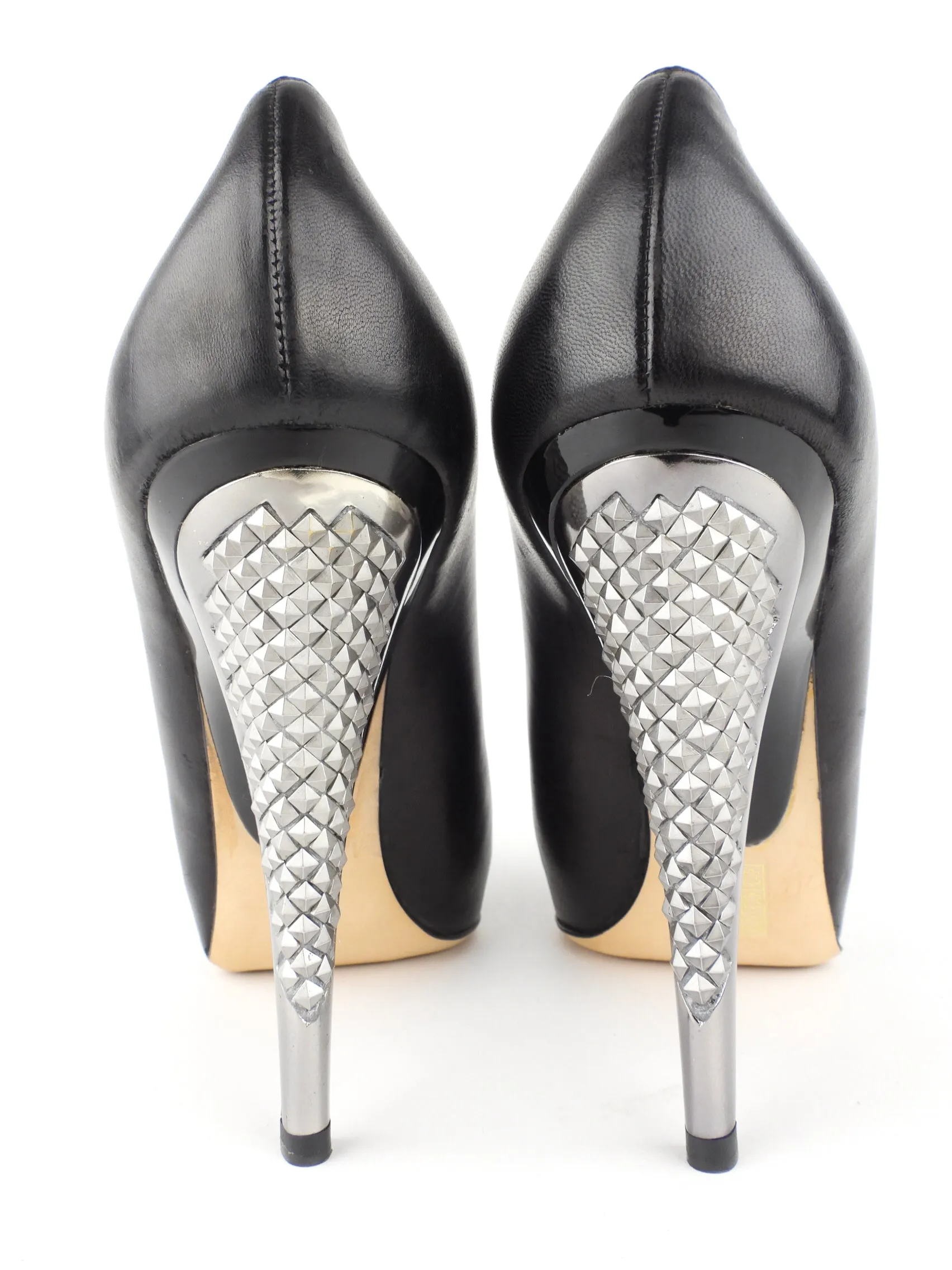 Jimmy Choo Black Leather and Silver Metallic Spike Heel Platform Pump - 40