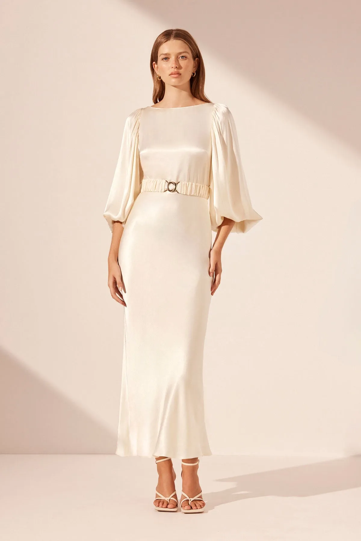 LA LUNE BALLOON SLEEVE MIDI DRESS WITH BELT - CREAM