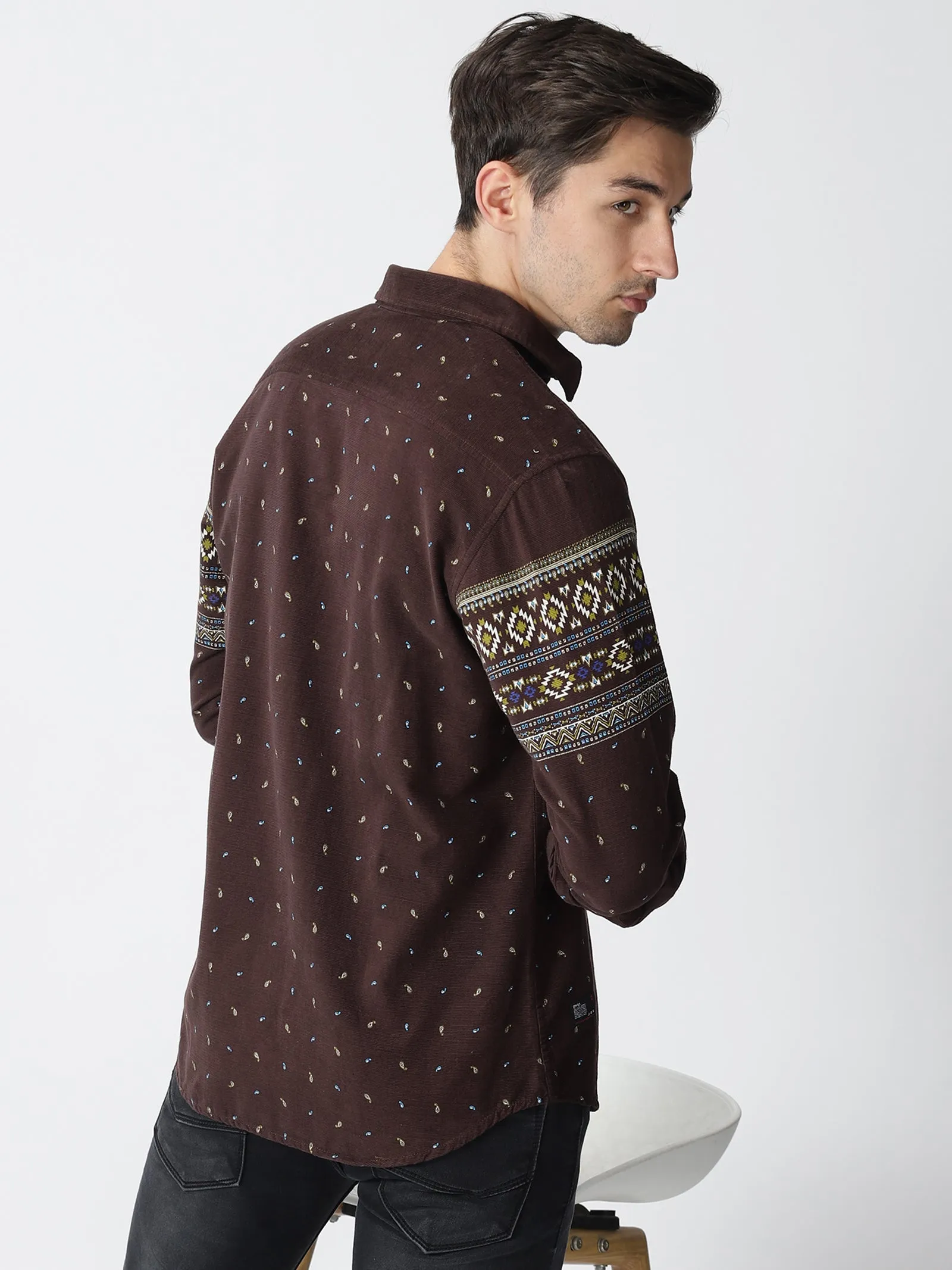 MEN'S BROWN PRINT SLIM FIT SHIRT