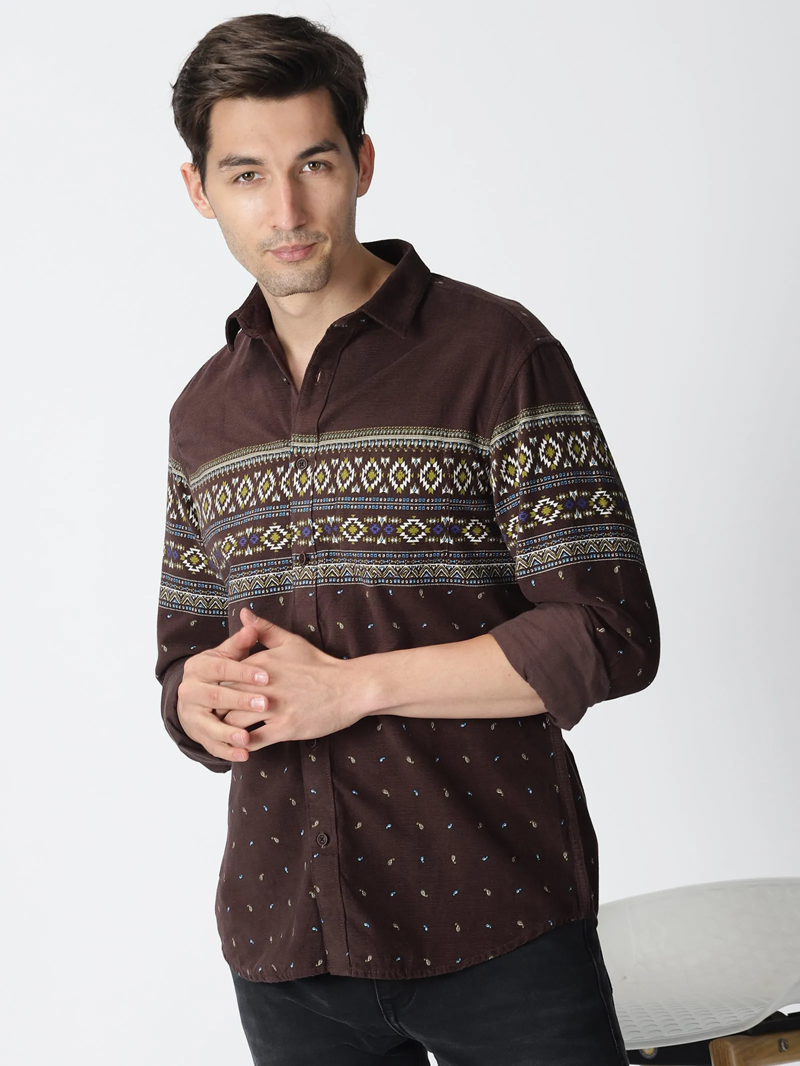 MEN'S BROWN PRINT SLIM FIT SHIRT