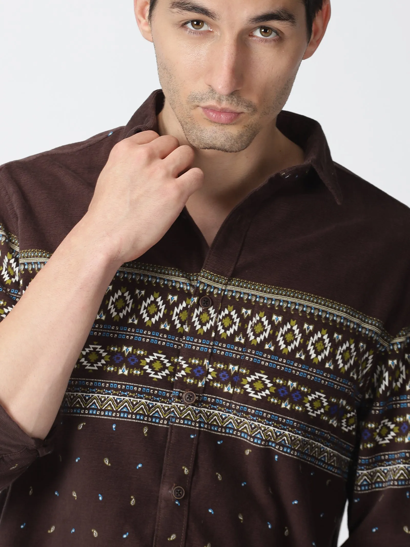 MEN'S BROWN PRINT SLIM FIT SHIRT