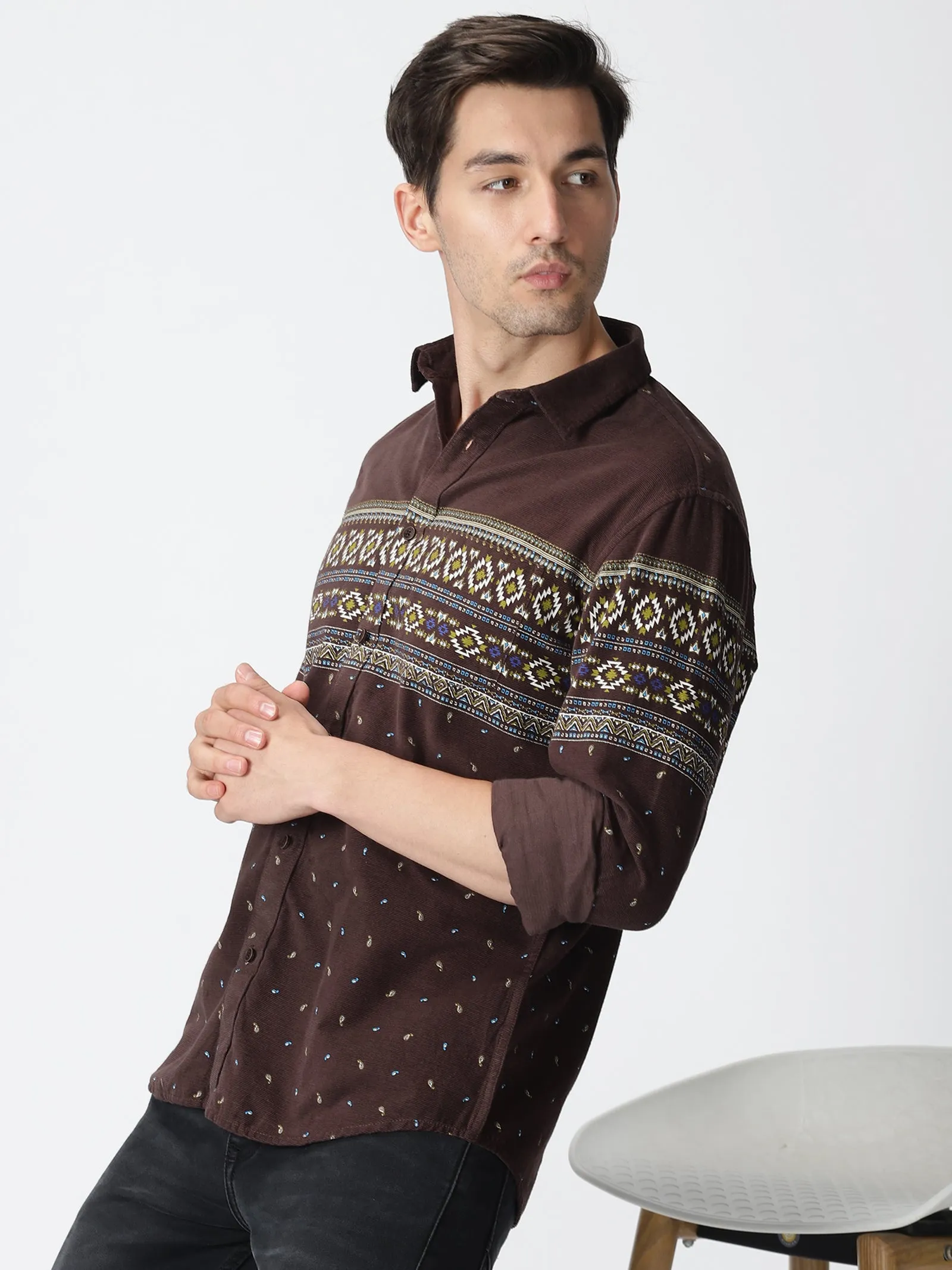 MEN'S BROWN PRINT SLIM FIT SHIRT