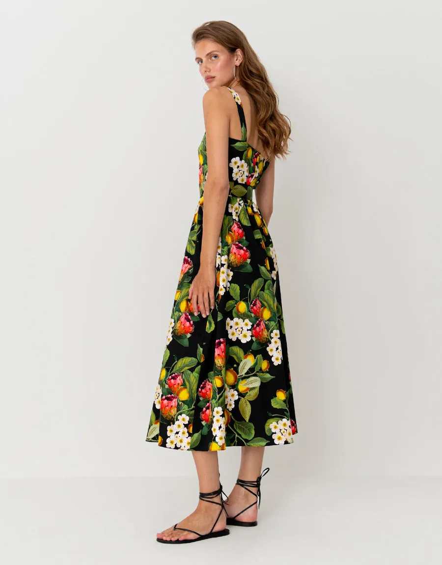 Ninet Cotton Midi Dress - Lemon Bouquet Black