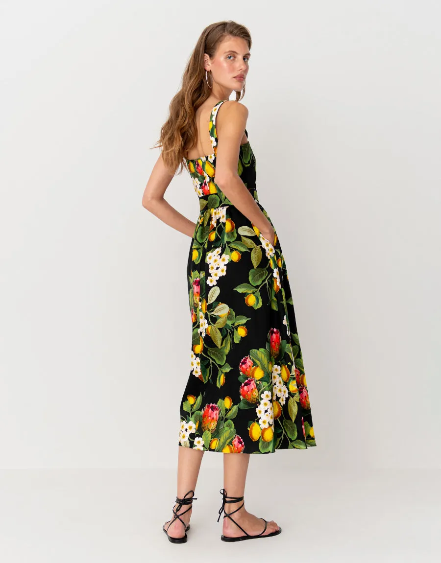 Ninet Cotton Midi Dress - Lemon Bouquet Black