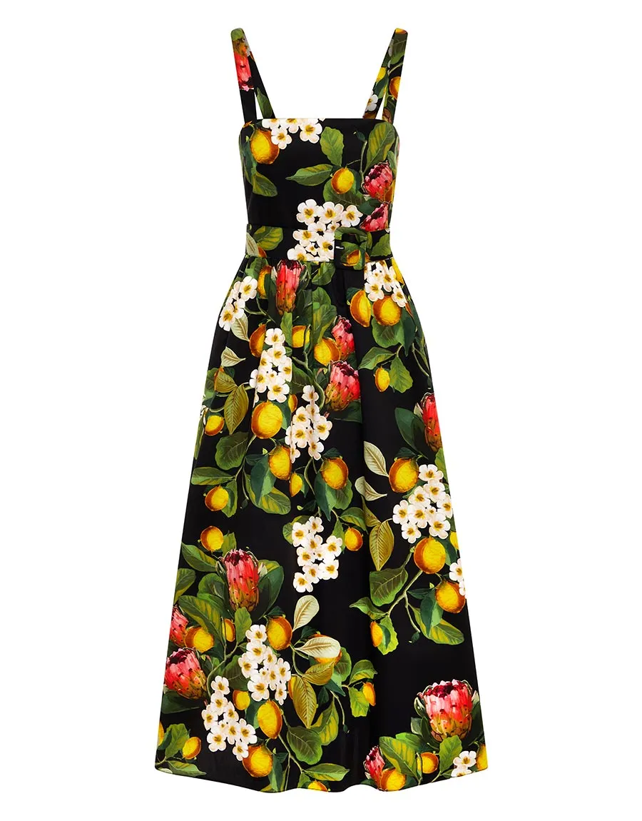 Ninet Cotton Midi Dress - Lemon Bouquet Black