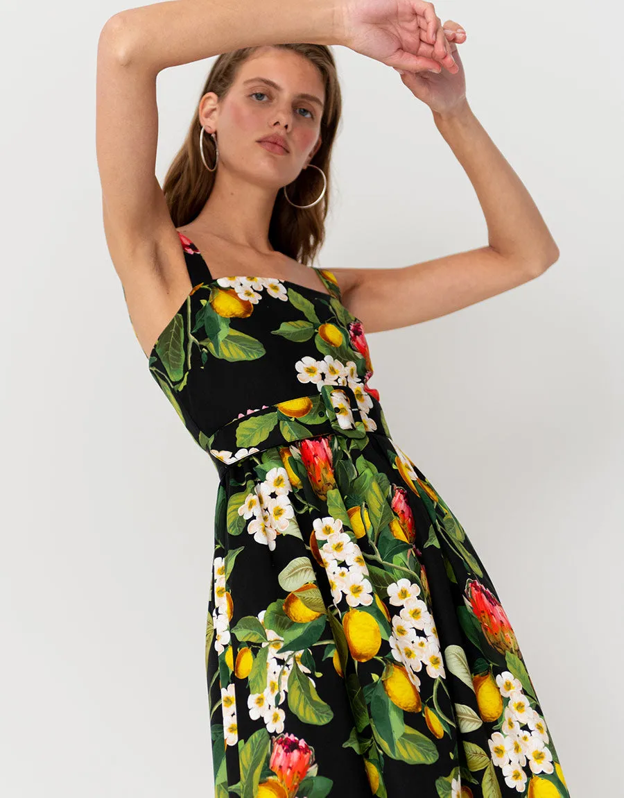 Ninet Cotton Midi Dress - Lemon Bouquet Black