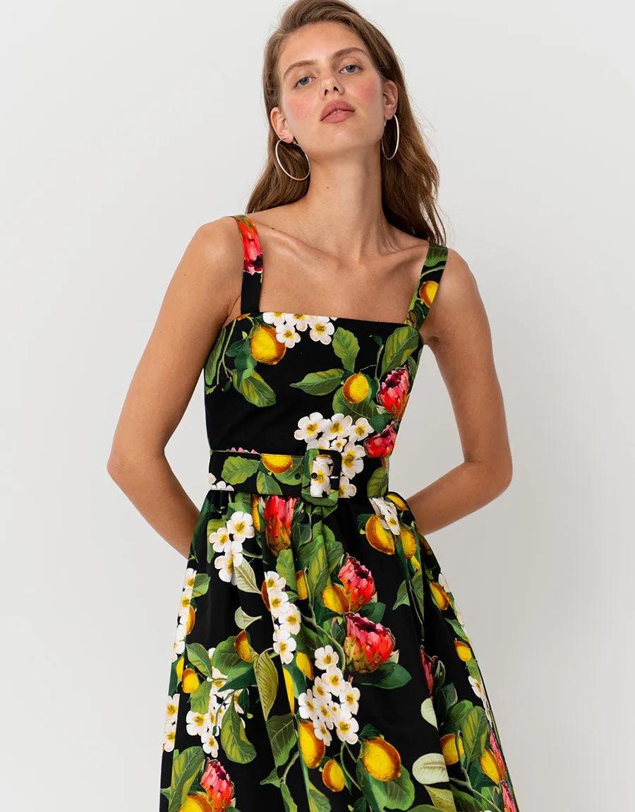 Ninet Cotton Midi Dress - Lemon Bouquet Black