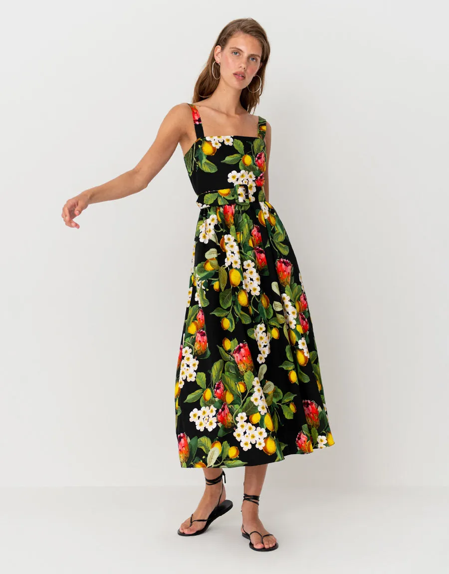 Ninet Cotton Midi Dress - Lemon Bouquet Black