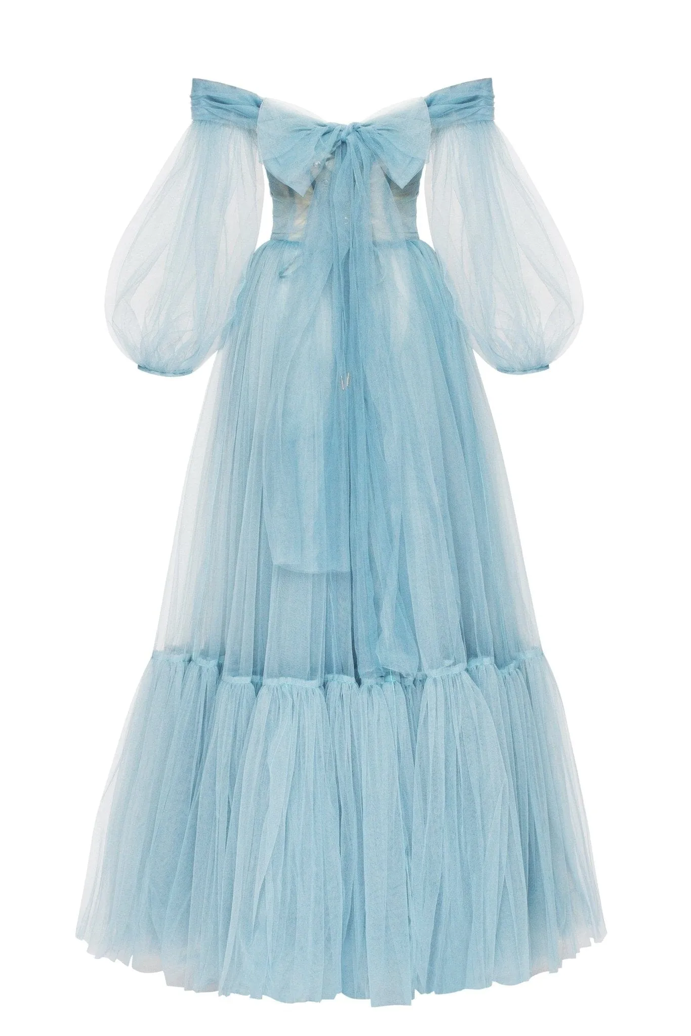 Ocean Wave Sheer Sleeves Maxi Tulle Dress