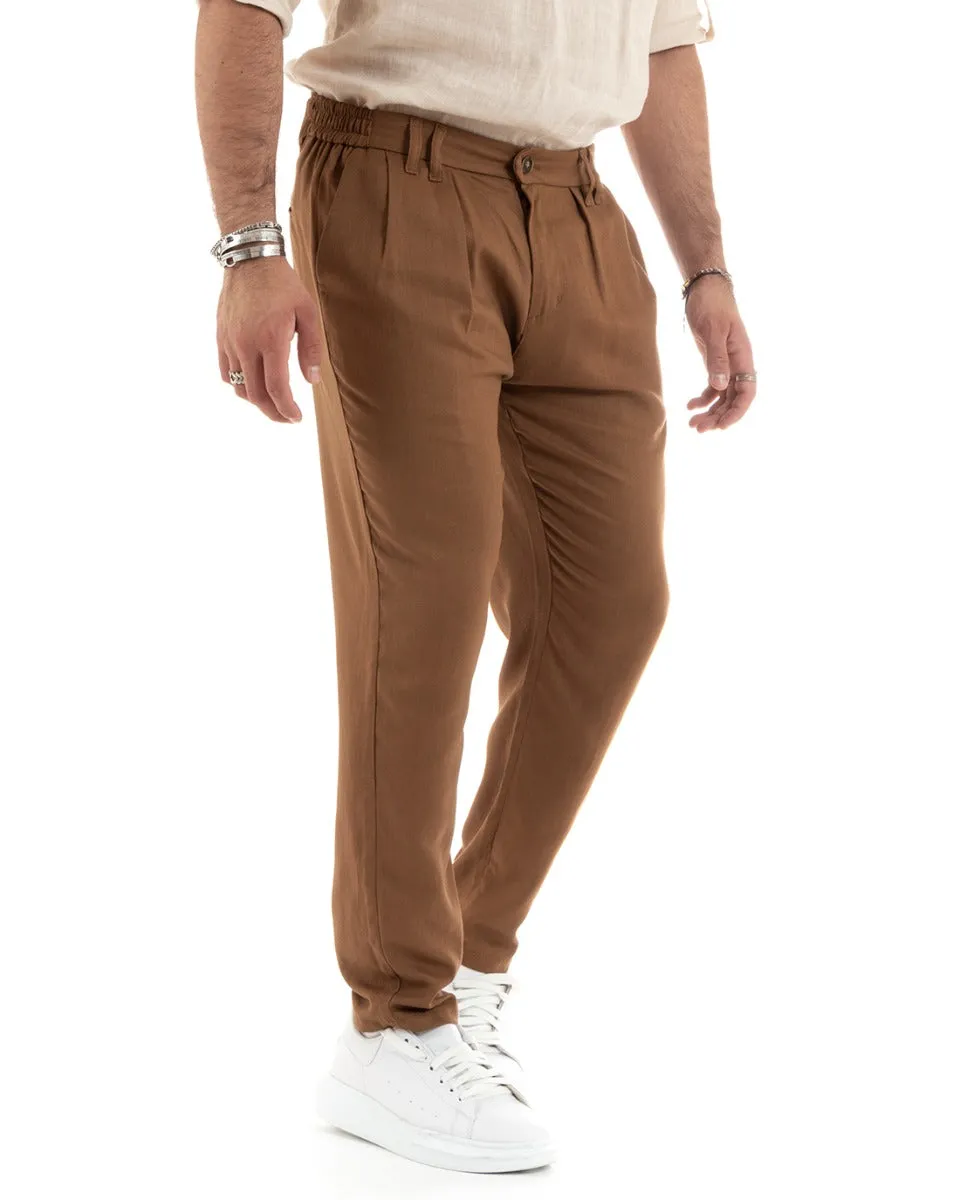 Pantaloni Uomo Lino Lungo Elastico Tinta Unita Camel Casual GIOSAL-P5776A