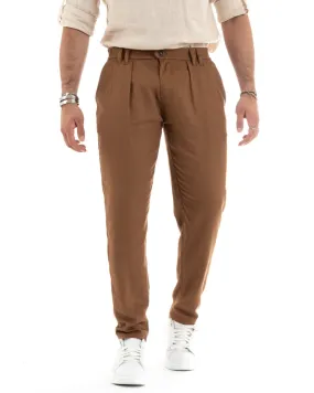 Pantaloni Uomo Lino Lungo Elastico Tinta Unita Camel Casual GIOSAL-P5776A