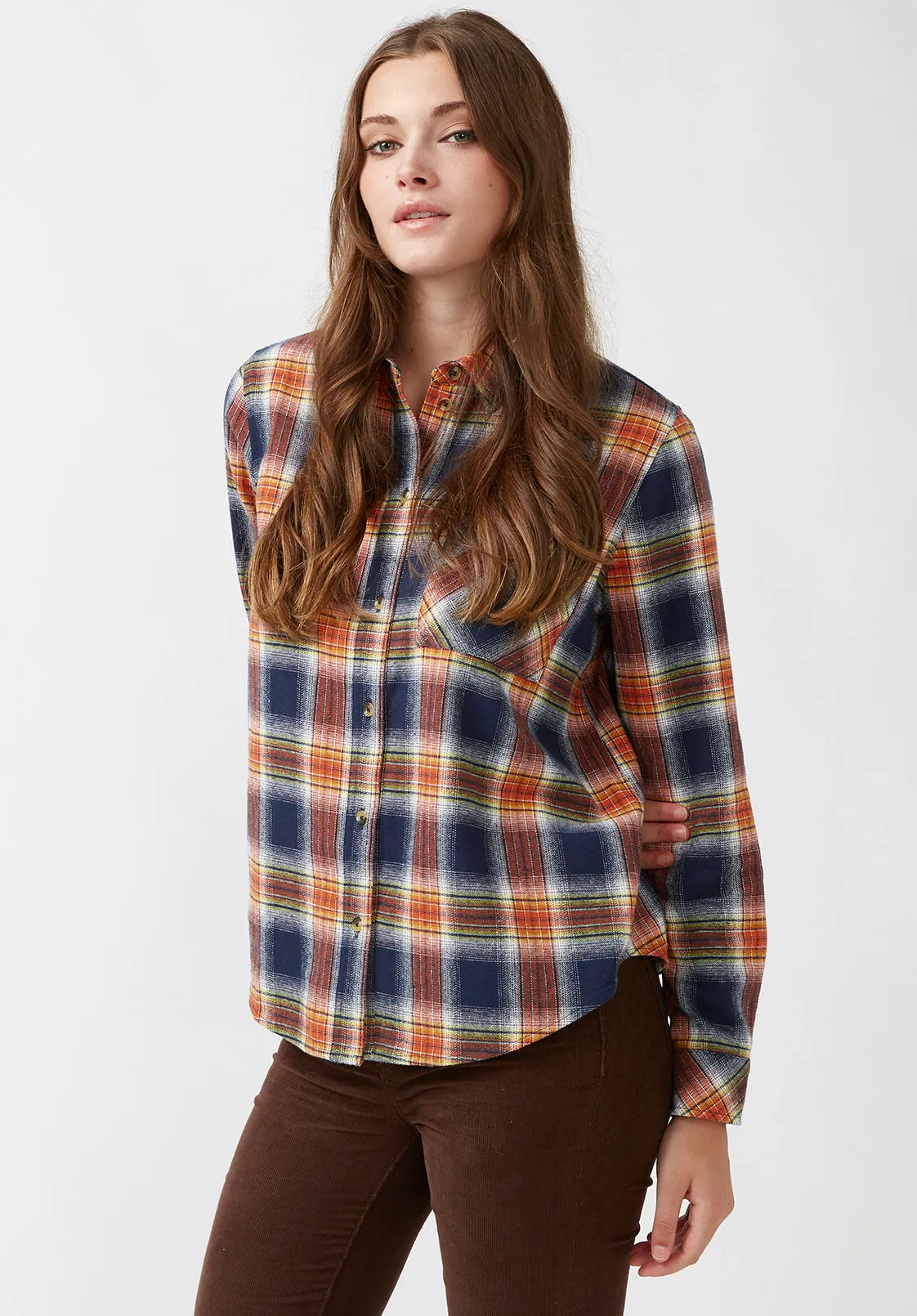 Percy Women's Button-Down Shirt in Navy Orange Plaid - WT0072F