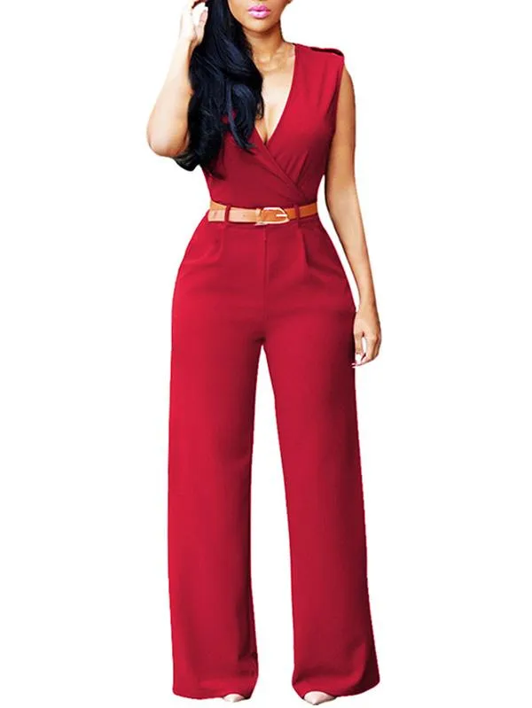 Pinkqueen Womens Wide Leg Jumpsuit V Neck Sleeveless Long Romper