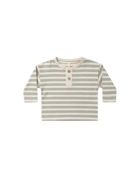 Quincy Mae - Basil Stripe Long sleeve Henley Tee