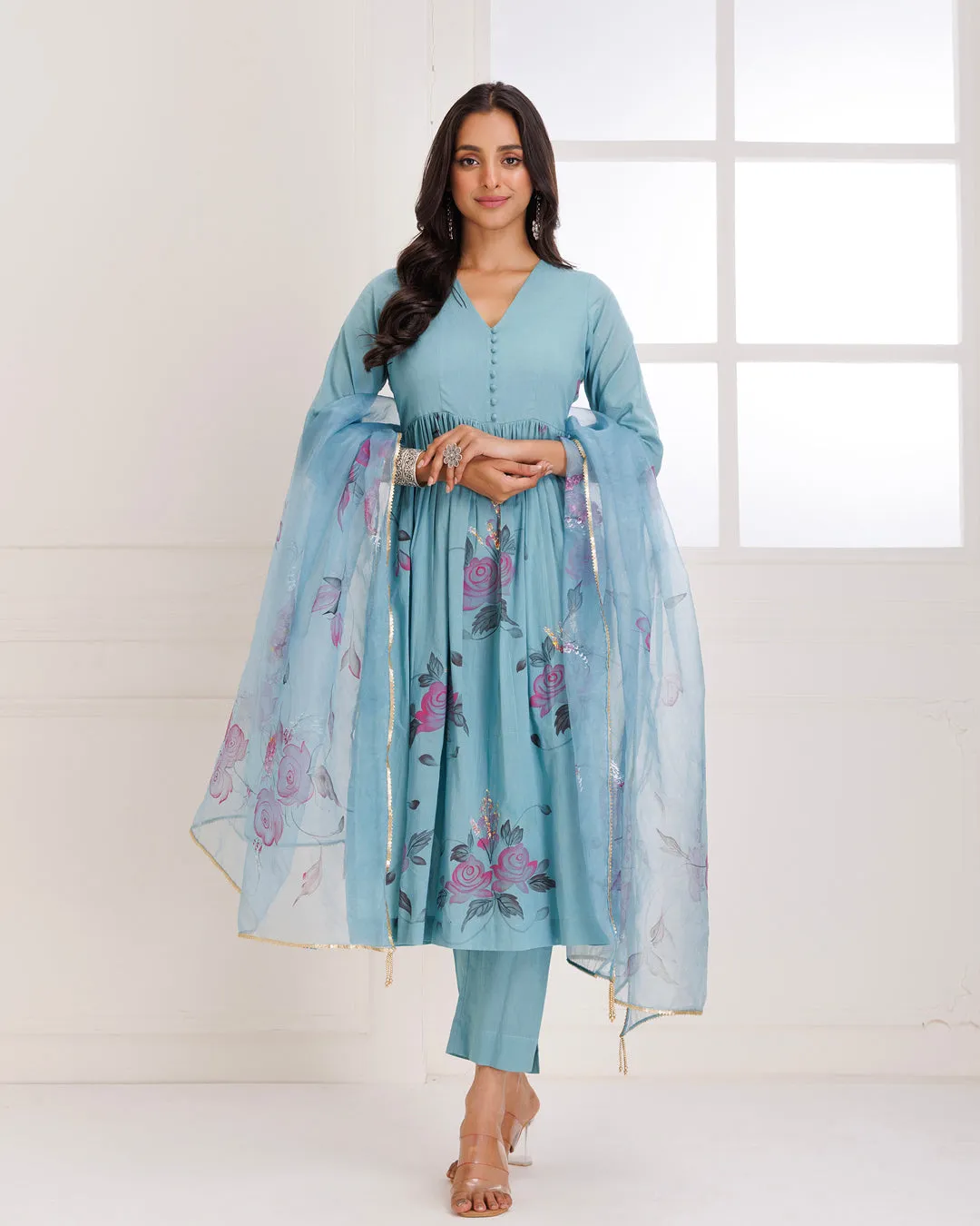 Rangreza Aqua HandPainted Gathered Suit Set - Set of 3