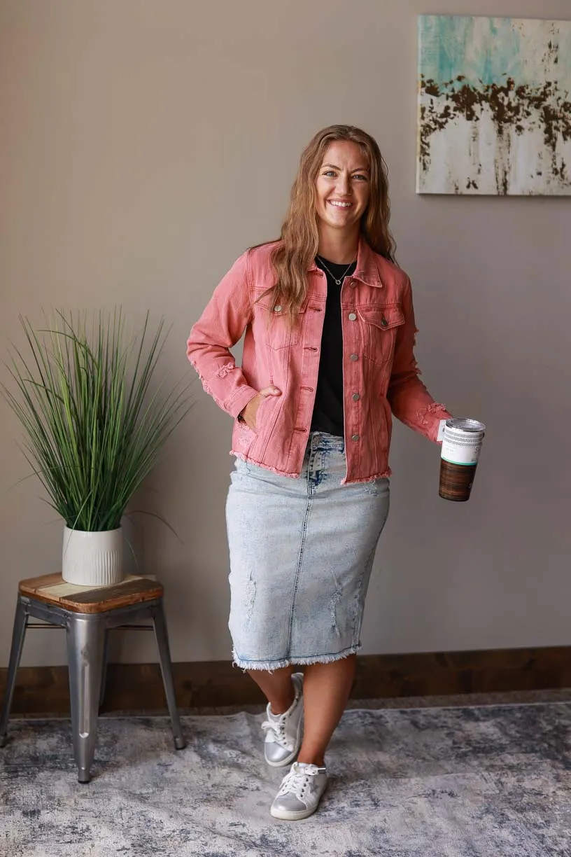 Red Distressed Denim Jacket • Small