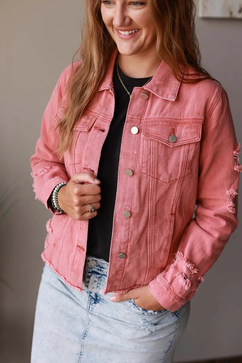 Red Distressed Denim Jacket • Small