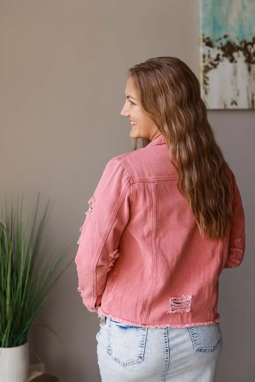 Red Distressed Denim Jacket • Small