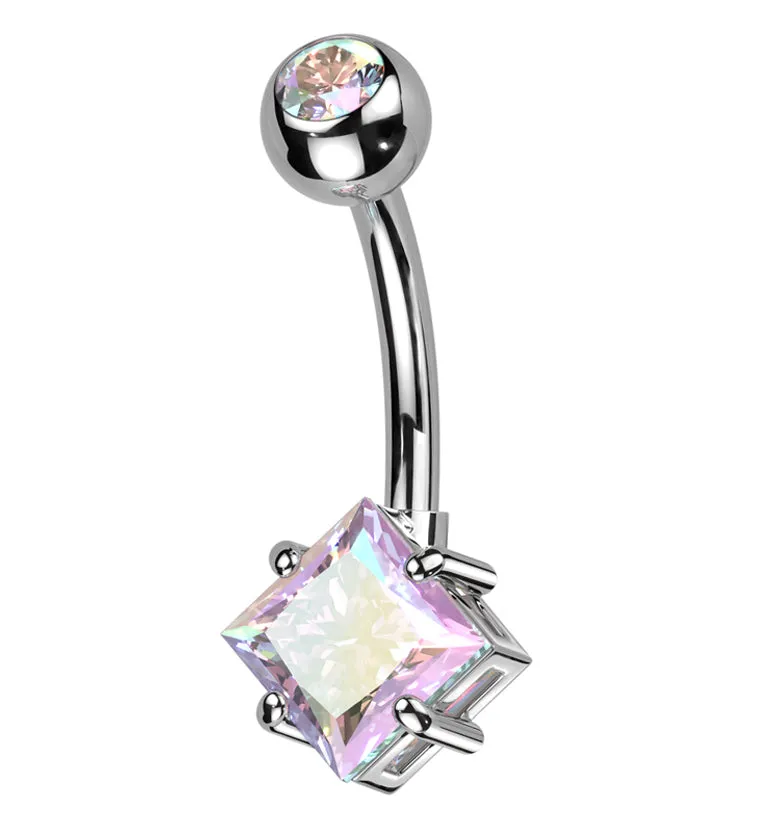 Rhombus Prong Rainbow Aurora CZ Titanium Belly Button Ring