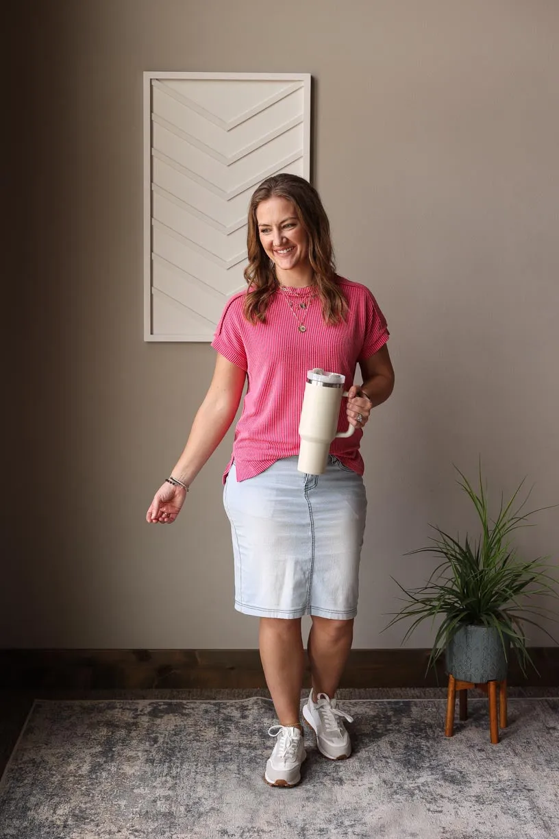 Rose Red Ribbed Short Sleeve Top