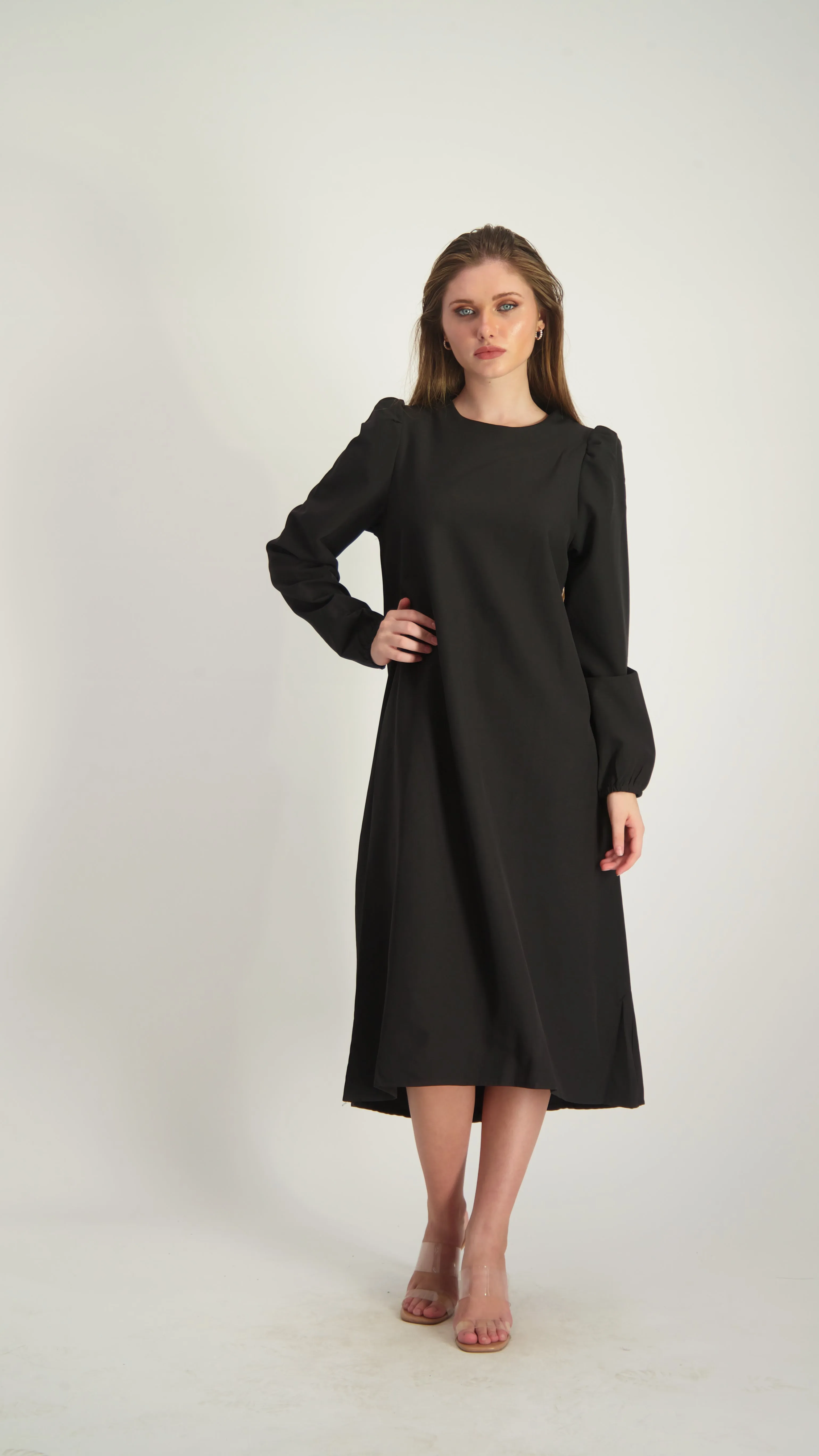 Satin A-line Dress with belt / Black